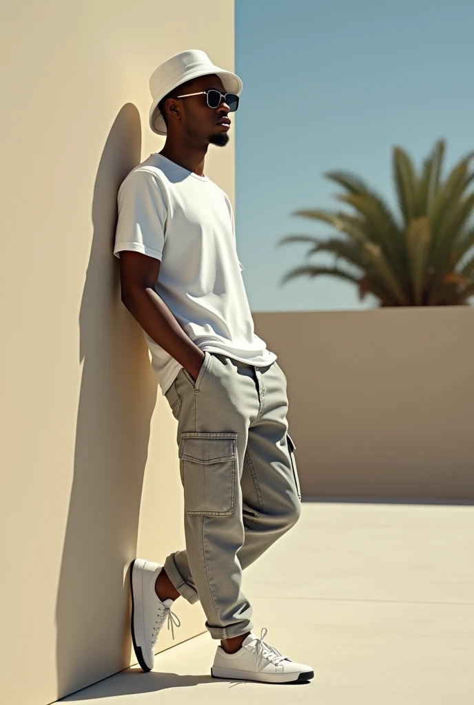 best qualityer:1.4), (ultra high resolution:1.2), (photorrealistic:1.4), (8k, CRU photo:1.2), a thin young man of 20 years old, skin black, with a smooth, beardless face, corte de cabelo buzzcut. He is wearing a white shirt and light denim cargo pants.. This one is wearing white sneakers. He is wearing a white bucket hat. He is wearing rectangular sunglasses. He's leaning against a wall. thin build. 1,75cm tall. It's sunny. thin build