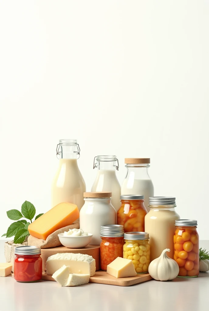 Background image with realistic different dairy products and canned products with more blank white space in middle