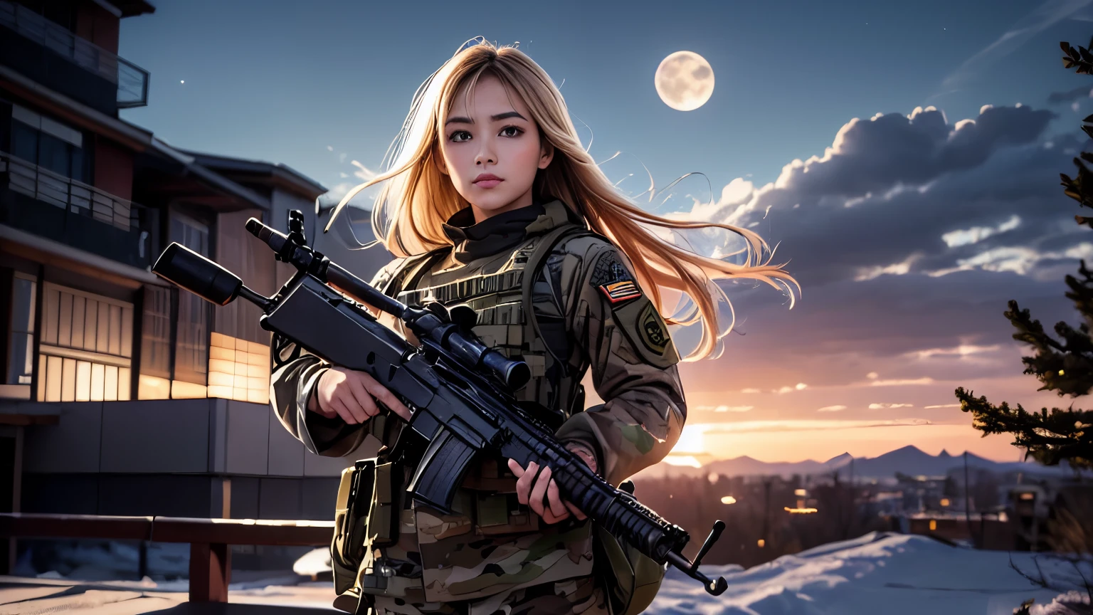 Photorealistic、Realistic skin texture、high resolution、High definition、Arabian girl in camouflage uniform、There is a Japanese flag patch on the shoulder.、Very beautiful 1 female soldier、Aiming an automatic rifle、Rapid-fire rifle、Blonde medium-long hair、State-of-the-art fighters、A military helicopter flies in the sky、The background is a skyscraper district、Smoky battlefield、The background is the night sky、Full moon in the sky、The person is a full-body angle、Watching the audience