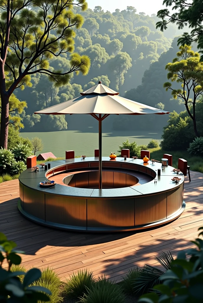 Round、The bar is made of stainless steel、The bar should be grand、High-end，There should be a parasol in the middle of the bar、The bar diameter is 5 meters，Background of a camping scene、Reality，Display different angles