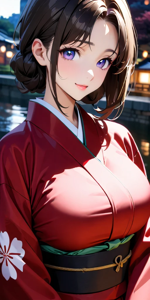 ((Highest quality、masterpiece、anime style、best quality、high resolution、8k、detailed、ultra-detailed:1.3))、Long legs:1.2, Beautiful woman with perfect figure:1.4、(Smiling:1.2), double eyelid、30-year-old female、((((One Woman,beautiful face,Beautiful face、Japanes,Japan,Riverside、Kyoto、kimono、 night,upper body:1.5)))),Big Breasts、High resolution, accurate, Anatomically correct, Winner of numerous awards, High-resolution model, high quality, Very detailed, Ultra high definition, Textured skin
