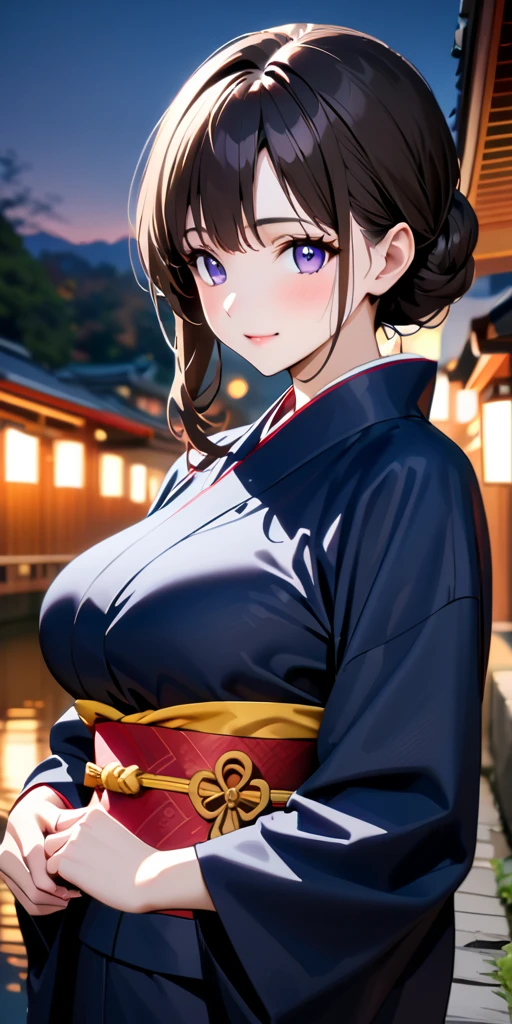 ((Highest quality、masterpiece、anime style、best quality、high resolution、8k、detailed、ultra-detailed:1.3))、Long legs:1.2, Beautiful woman with perfect figure:1.4、(Smiling:1.2), double eyelid、30-year-old female、((((One Woman,beautiful face,Beautiful face、Japanes,Japan,Riverside、Kyoto、kimono、 night,upper body:1.5)))),Big Breasts、High resolution, accurate, Anatomically correct, Winner of numerous awards, High-resolution model, high quality, Very detailed, Ultra high definition, Textured skin