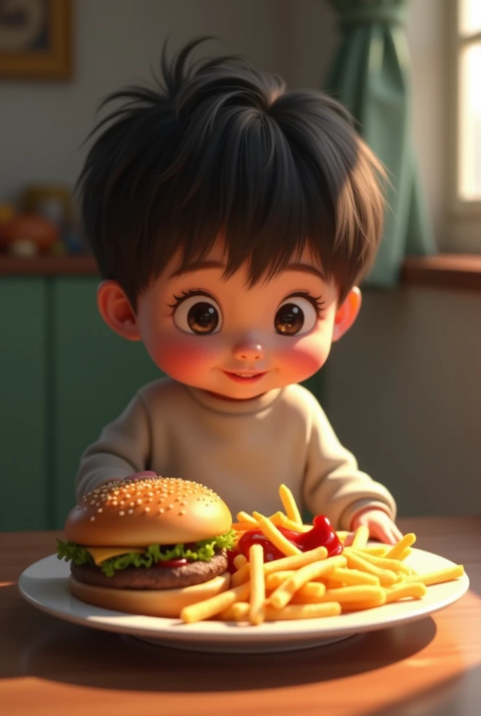 Réaliste un enfant protége sonassiette dans laquelle se trouve des frites, un steak hachés et du ketchup de chouxman et brocolisman