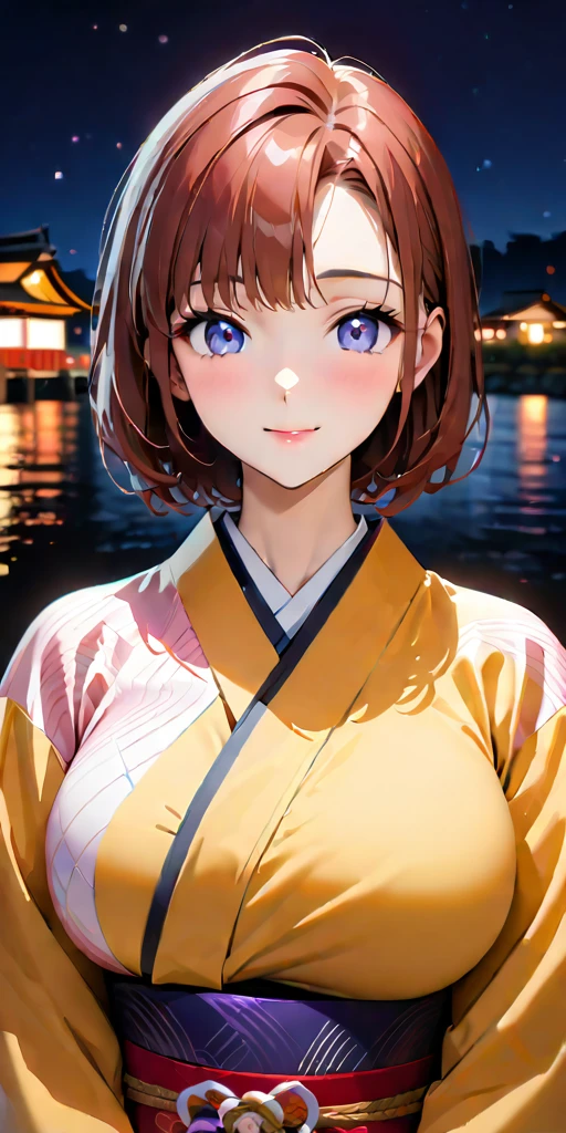 ((Highest quality、masterpiece、anime style、best quality、high resolution、8k、detailed、ultra-detailed:1.3))、Long legs:1.2, Beautiful woman with perfect figure:1.miling:1.2), double eyelid、30-year-old female、((((One Woman,beautiful face,Beautiful face、Japanes,Japan,Riverside、Kyoto、kimono、 night,upper body:1.5)))),Big h resolution, accurate, Anatomically correct, Winner of numerous awards, High-resolution model, high quality, Very detailed, Ultra high definition, Textured skin