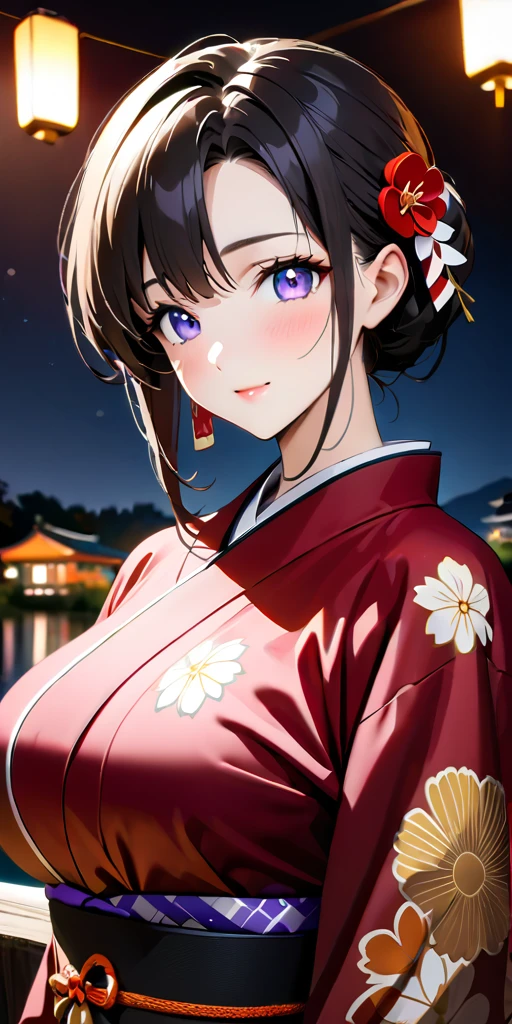 ((Highest quality、masterpiece、anime style、best quality、high resolution、8k、detailed、ultra-detailed:1.3))、Long legs:1.2, Beautiful woman with perfect figure:1.4、(Smiling:1.2), double eyelid、30-year-old female、((((One Woman,beautiful face,Beautiful face、Japanes,Japan,Riverside、Kyoto、kimono、 night,upper body:1.5)))),Big Breasts、High resolution, accurate, Anatomically correct, Winner of numerous awards, High-resolution model, high quality, Very detailed, Ultra high definition, Textured skin