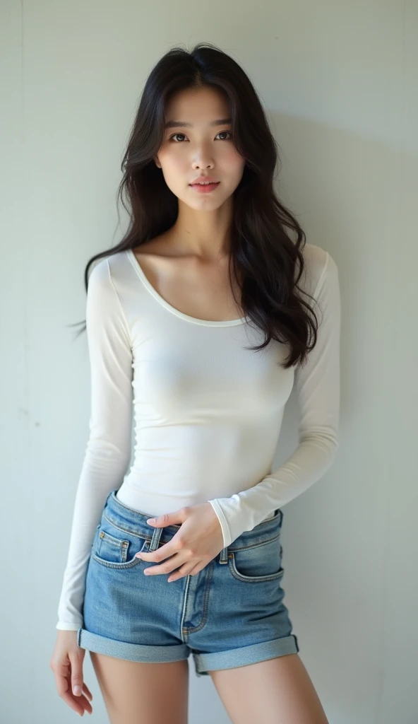a woman in a white shirt and denim shorts posing for a picture, tight shirt, wearing tight shirt, korean girl, wearing tight simple clothes, gorgeous young korean woman, beautiful asian girl, beautiful south korean woman, white top, photo of slim girl model, sexy girl, asian girl, good young girl, beautiful girl model, 2  female model