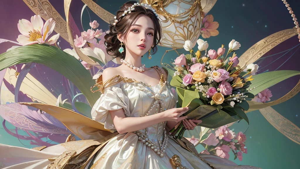 32K, 最高quality, 最高masterpiece, (ultra-Detailed Background, Detailed Background), High resolution, Super detailed, Very detailedな, 1 personの, (bouquet:1.3), (Tangled:1.2), (Geometric:1.2),(colorful),(masterpiece, quality, best quality, Official Art, Beautiful and beautiful:1.2), (1 person:1.3), Very detailed,(colorful:1.1)(Flowers:1.3),Most detailed,(Tangled:1.2), whole body, (Abstract background:1.3), (Skin glows), (Many colors:1.4), ,(Earrings Pearl:1.5), Light green background, It's imaginative., Brunette Hair, Updo, Holding a book, Holding a pen, Satin shirt,