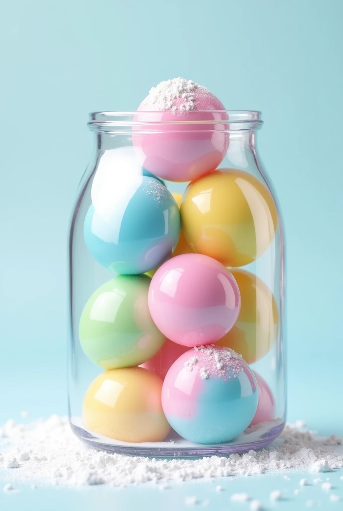 milk balls with color blue, pink, green, yellow in glass jar, HD, transparent background, with many white milk powder on the milk balls