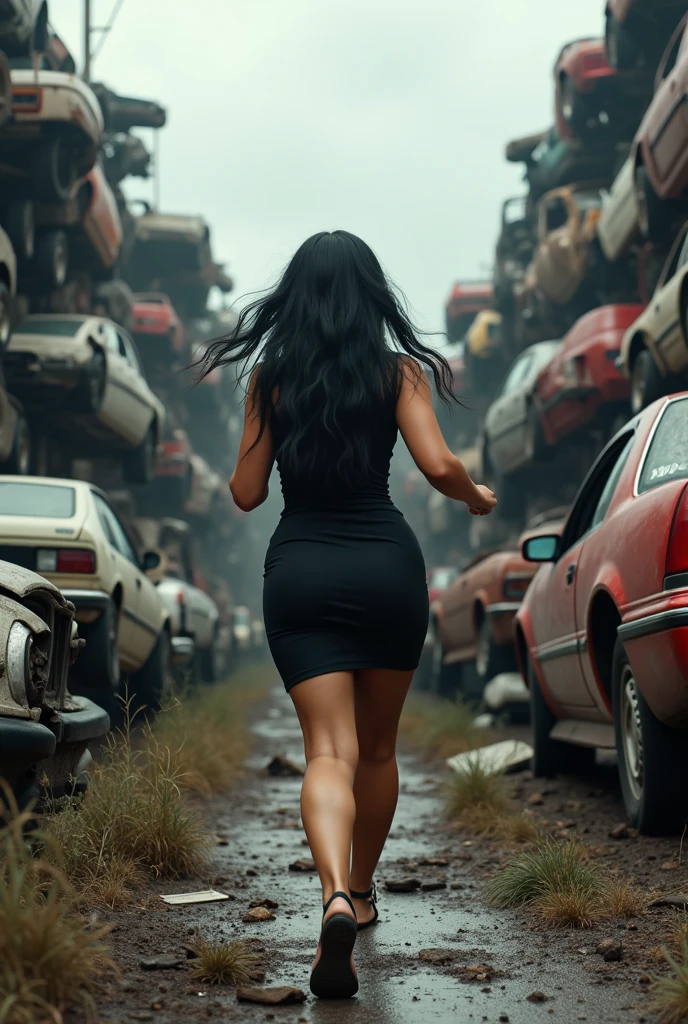 (photorealism:1.2), A curvy Asian woman, long wavy black hair, wearing a black dress, black sandals, is running in a dumping ground for used cars, there are piles of damaged cars, scrap, cloudy sky