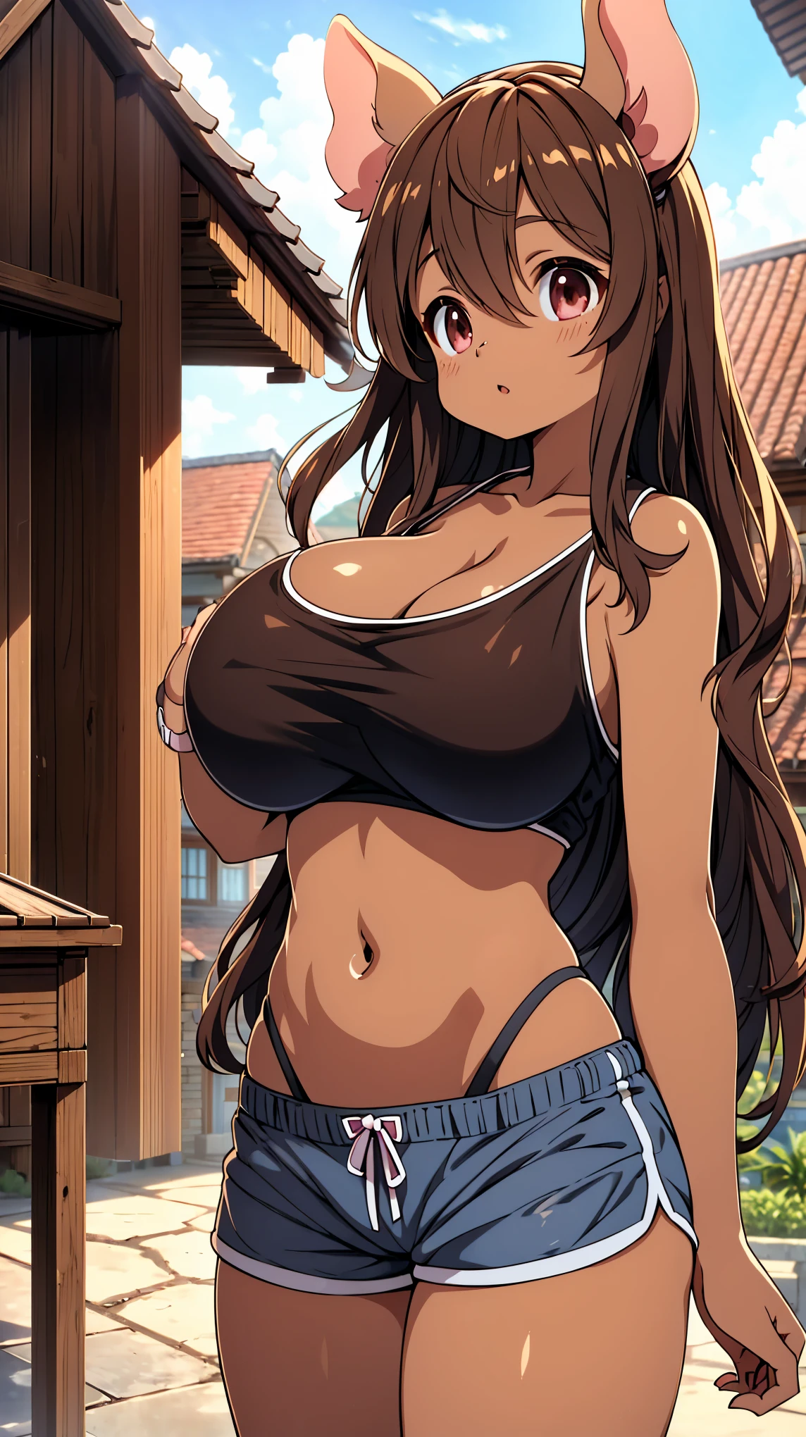 Pig ears girl，Pig ears girl，Girl with pig ears，Architectural Background，Hut Background，Dark skin，Brown skin，Brown long hair，solarised，Dark skin女孩，shorts，Navel，shorts，紧身shorts，Big breasts，Cute girl，Close-up above the waist