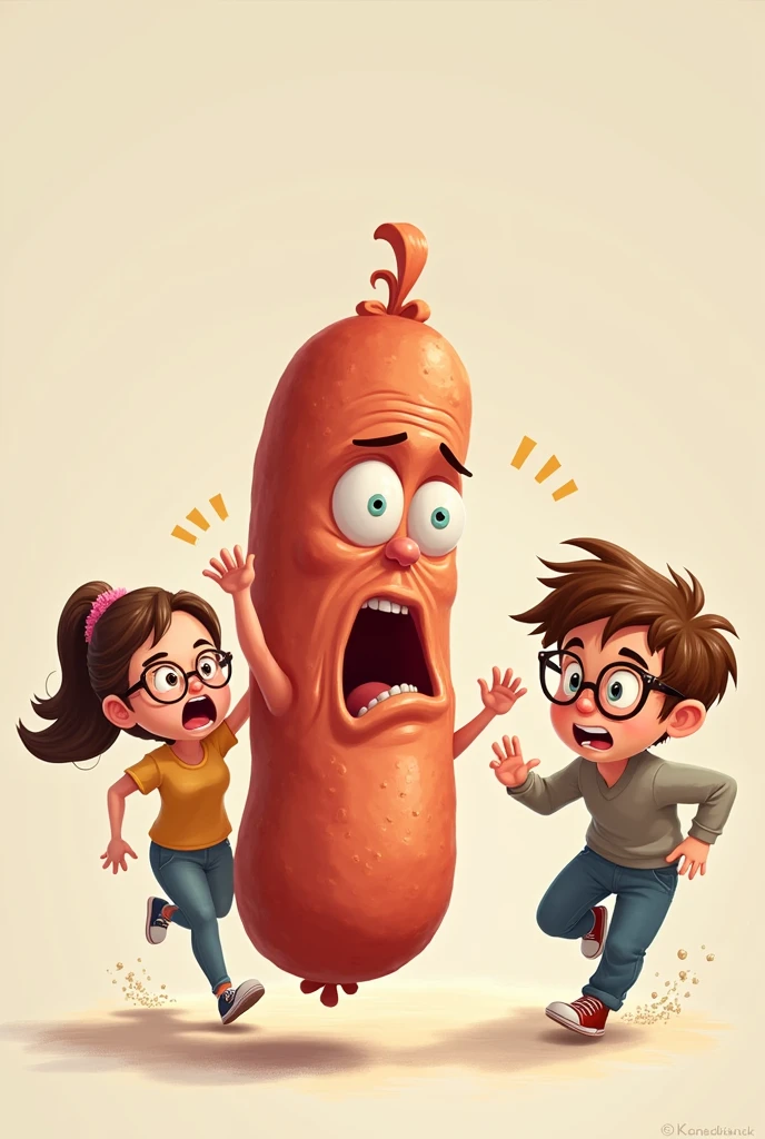 Une saucisse sèche avec un visage effrayé qui se fait poursuivre par une adolescente brune avec des lunettes et un adolescent brun
