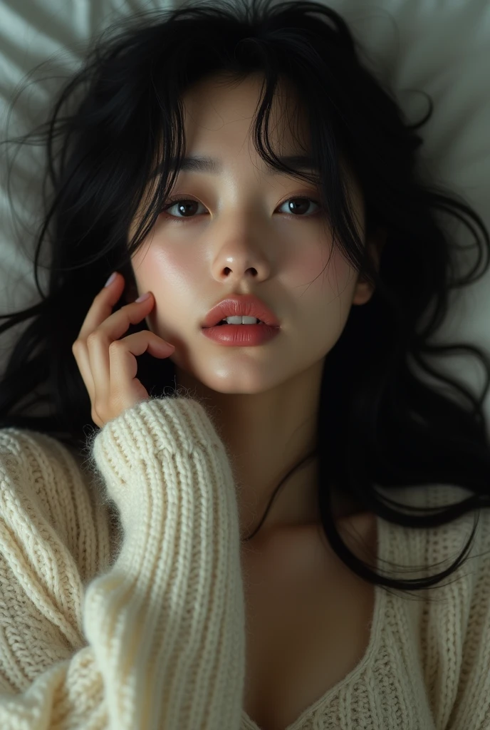 Highest quality、1 female,Face Focus,masterpiece、Ultra-high resolution、(Realistic:1.4)、RAW Photos、1 Japan、alone、beauty、Touching the cheek、moist and thick lips、Long black hair、sexy、Knitwear、Apathy、bed、Lying down,Information from the belly button up