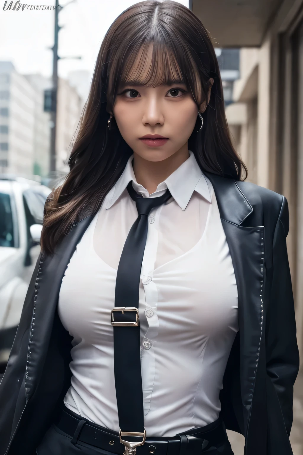 a woman in a suit, belt, hands behind back, sweating, suspenders, black pants, sexly, large breasts, see-through clothing, rain, detective, office worker, white button-up shirt, (best quality,4K,8k,highres,masterpiece:1.2),ultra-detailed,(realistic,photorealistic,photo-realistic:1.37),hyper-detailed,highly detailed face and body, Slender　thin　suspenders　Moderate breasts　See-through shirt　Nipples　holster　chain　Pistol　Armament　criminal　Female criminal　knife