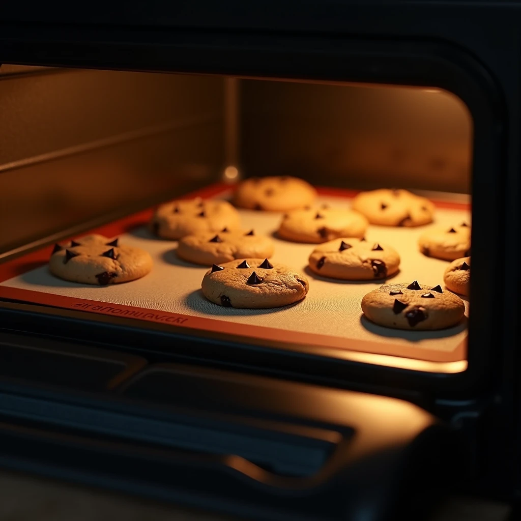"Leavened chocolate chip cookies baking in a black modern oven with no items on top, orange lighting, no people present, focus on the oven, with round cookies on a silicone mat placed on an oven tray, baking."