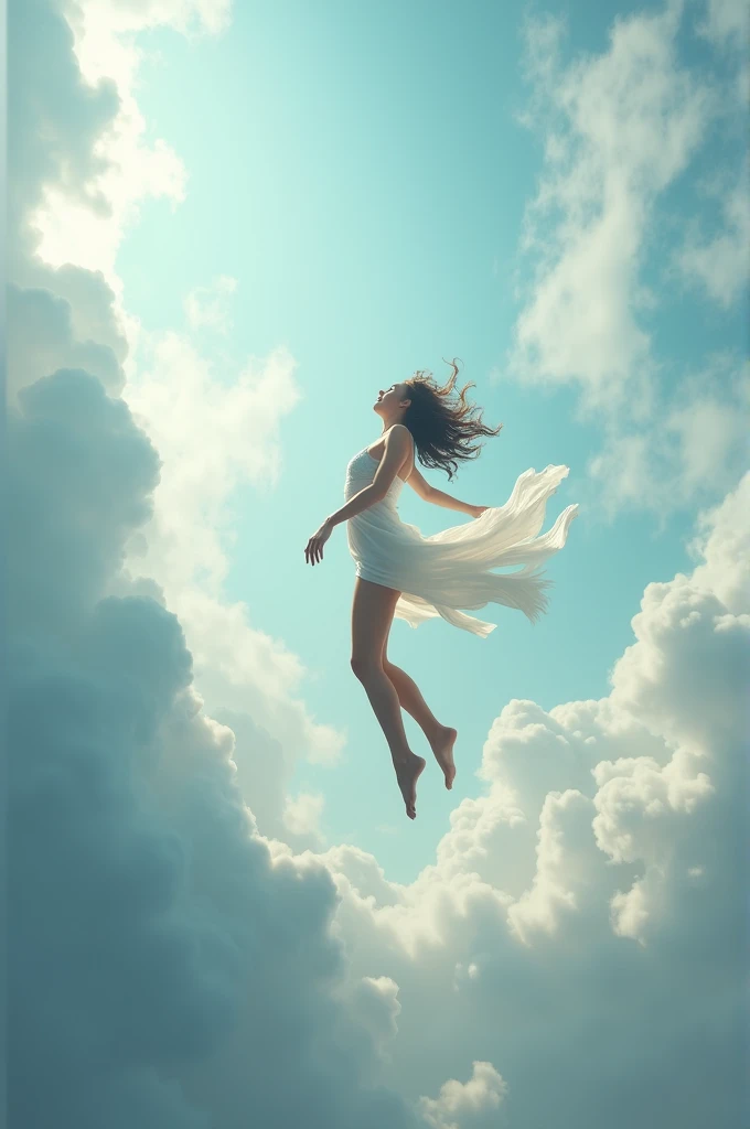 Woman falling from the sky in a falling position between the clouds