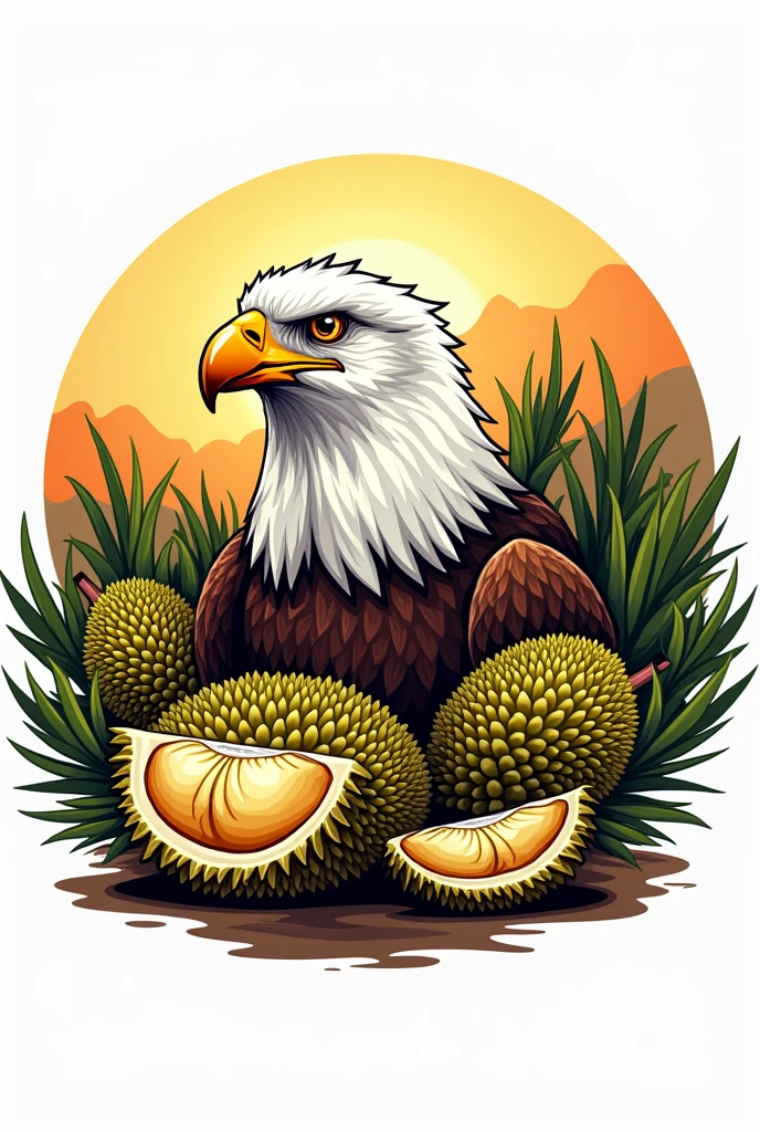 Logo for farming, with eagle head, durian fruit and rice mills