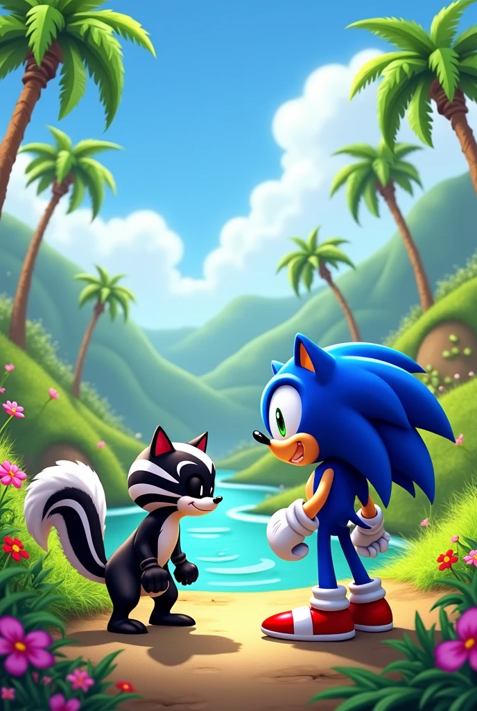 Sonic meets a skunk in Green Hill
