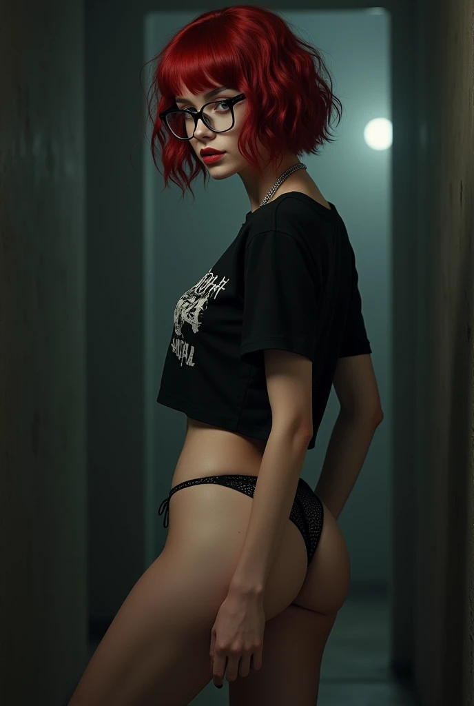 Teenage gothic woman with short red hair wearing glasses and lip piercing, nose and right eyebrow with good body with curved waist and big thighs and big butt with black short metal band t-shirt and string thong 