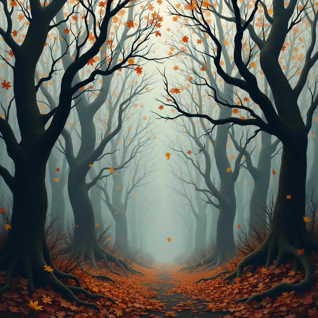 Autumn forest,Falling leaves,Dead branches intertwined