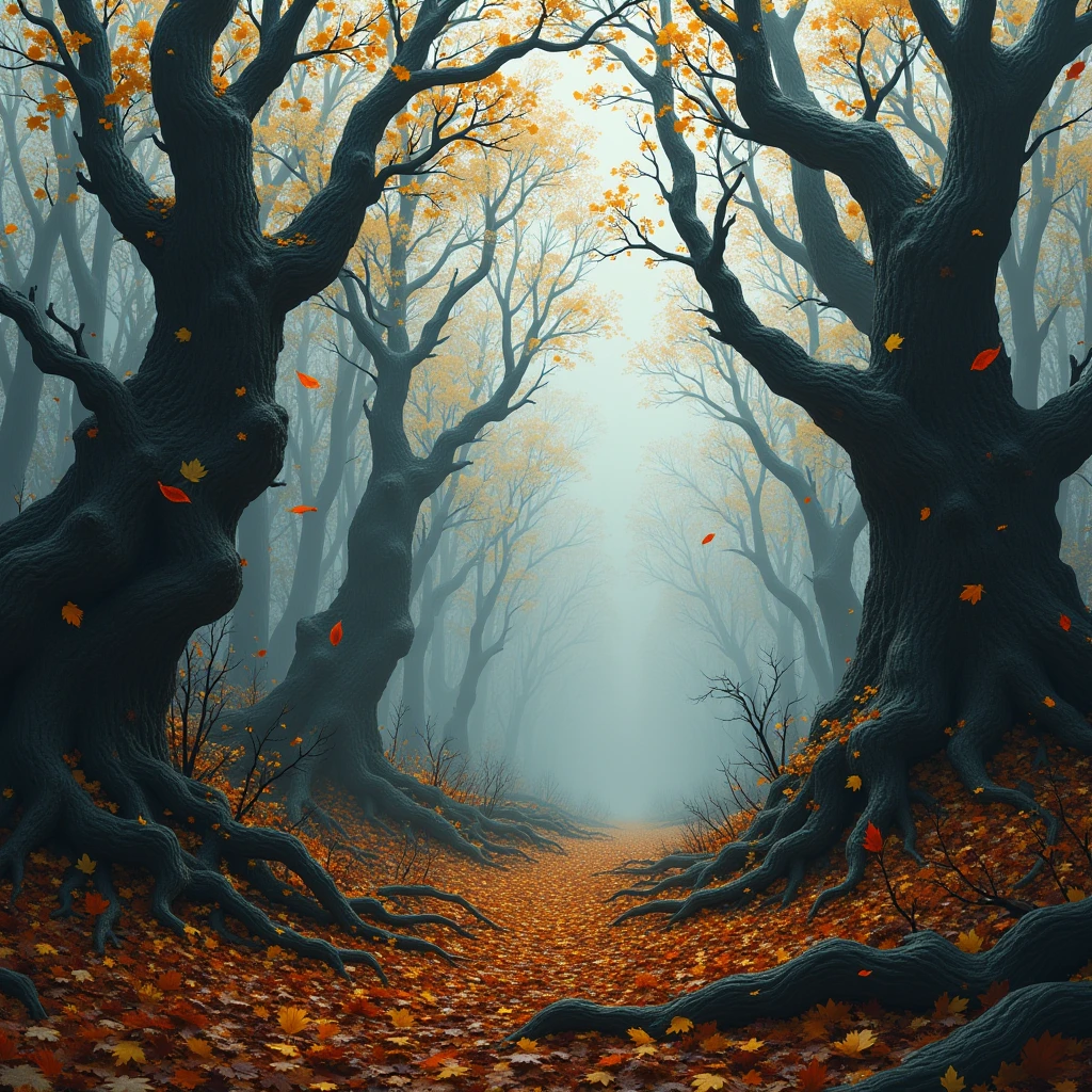 Autumn forest,Falling leaves,Dead branches intertwined