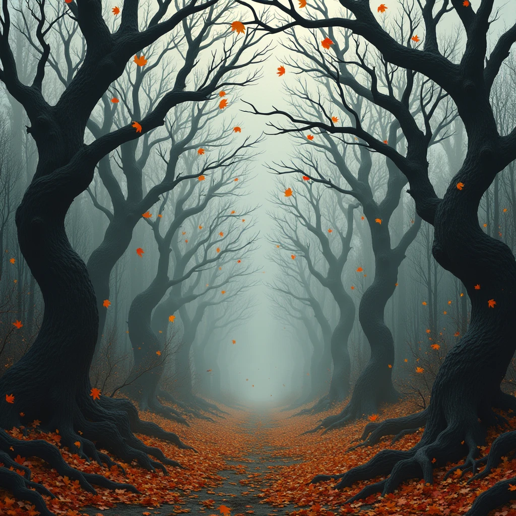 Autumn forest,Falling leaves,Dead branches intertwined