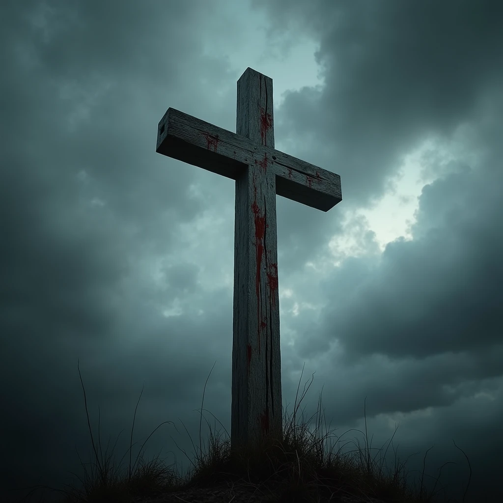 in the foreground an empty, bloody wooden cross. Rustic wood. In the background the cloudy sky. bottom view image, cinematic, realistic, 4k.
