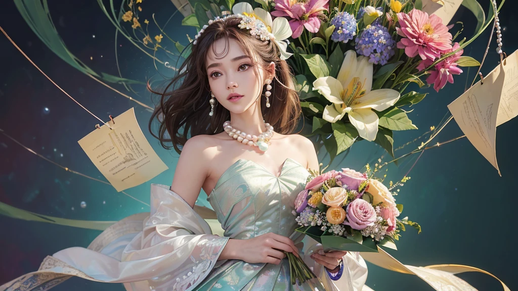 32K, 最高quality, 最高masterpiece, (ultra-Detailed Background, Detailed Background), High resolution, Super detailed, Very detailedな, 1 personの, (bouquet:1.3), (Tangled:1.2), (Geometric:1.2),(colorful),(masterpiece, quality, best quality, Official Art, Beautiful and beautiful:1.2), (1 person:1.3), Very detailed,(colorful:1.1)(Flowers:1.3),Most detailed,(Tangled:1.2), whole body, (Abstract background:1.3), (Skin glows), (Many colors:1.4), ,(Earrings Pearl:1.5), Light green background, It's imaginative., Brunette Hair, Updo, Holding a book, Holding a pen, Satin shirt