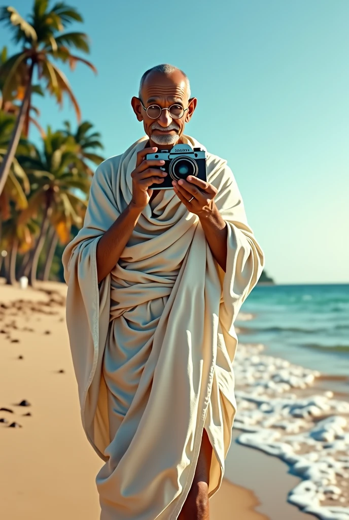 Gandhiji holding camera in a beach