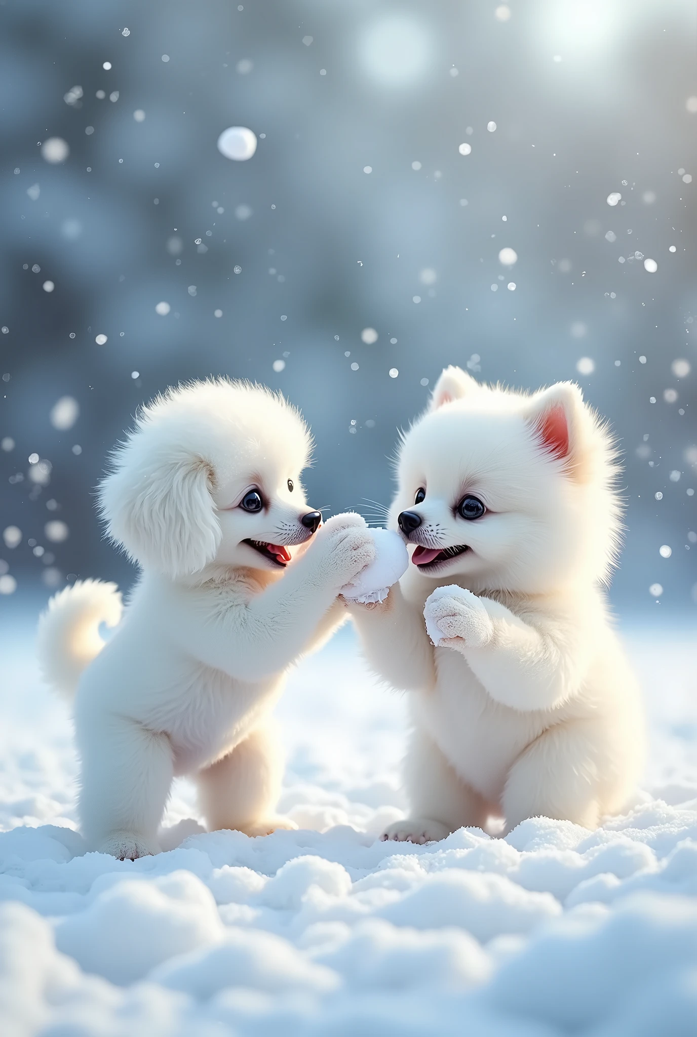 Snow Scene、snowball fight、Cute white toy poodle baby、Cute white pomeranian baby、Big Head、トイプードルとポメラニアンのsnowball fight