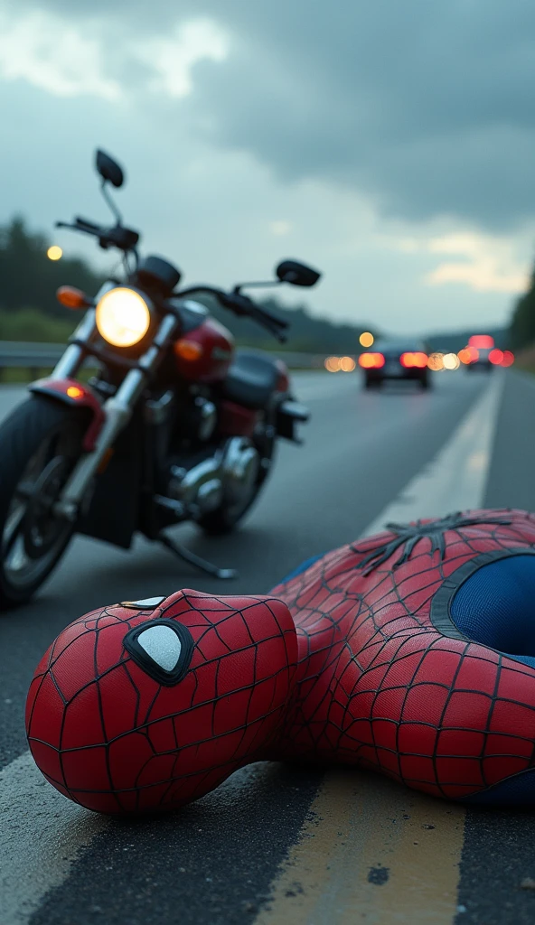It looks like this image depicts Spider-Man lying injured on a highway next to a damaged motorcycle, possibly after an accident. The scene is quite dramatic, with traffic and a cloudy sky in the background, creating a sense of urgency and danger. Let me know if you'd like to discuss or edit the image in any way.