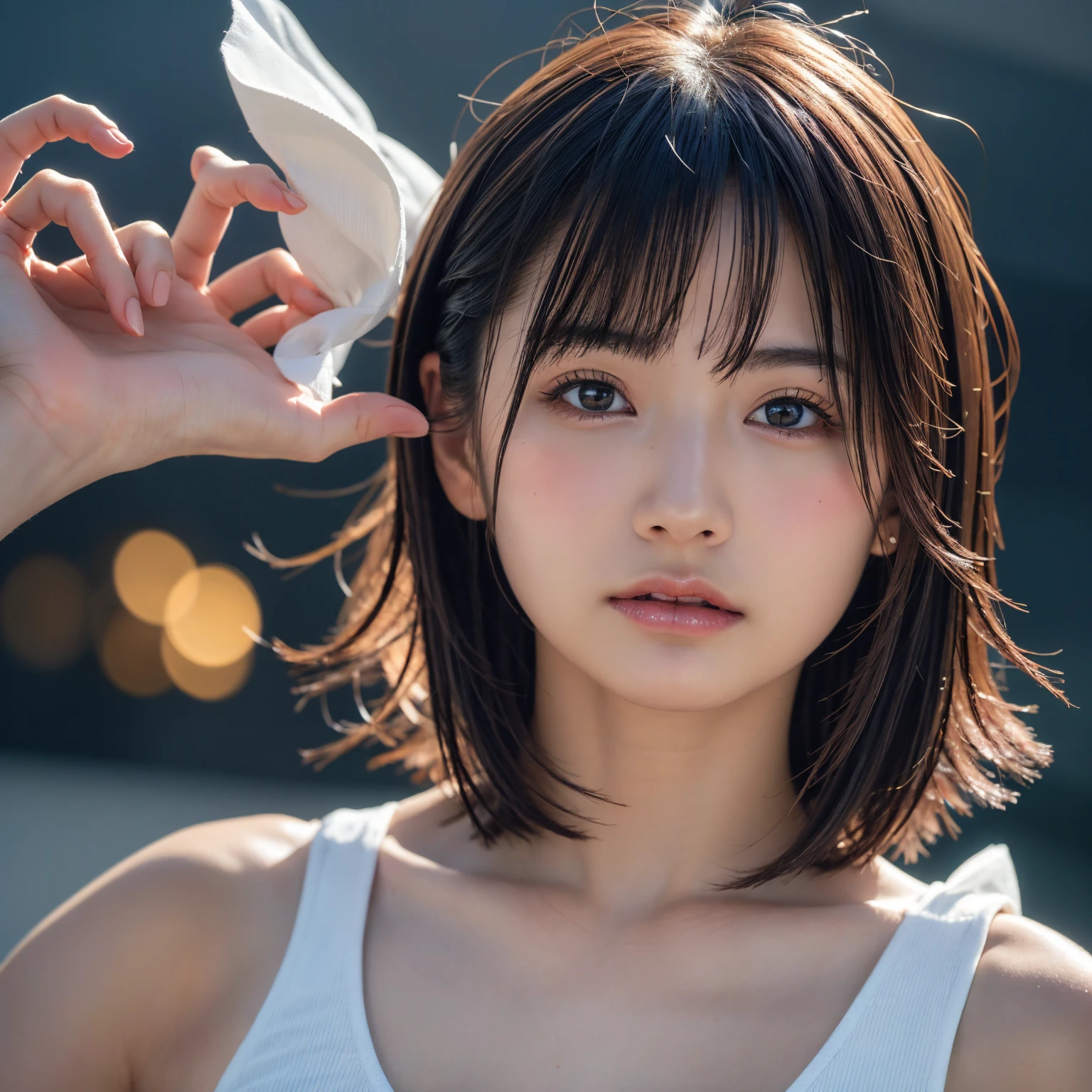 ((Upper Body:1.3)).Blown by the long wind [金hair:.3] hair,Looking at the audience, (Tabletop:1.3), (8k, Realistic, RAW Photos, Highest quality: 1.4), Japanese, (1 person), Beautiful Face, (Realistic face),{Wavy medium hair|Front hair long bob|short hair with long bangs}{Black hair|Brown hair|Blonde hair}, Beautiful hairstyle, Realistic eyes, Beautiful and beautiful eyes, (Realistic skin), Beautiful Skin, charm, Ultra-high resolution, Surreal, Very detailed, Golden Ratio,shame(blush:1.3),Upper Bodyは裸、Protruding nipples