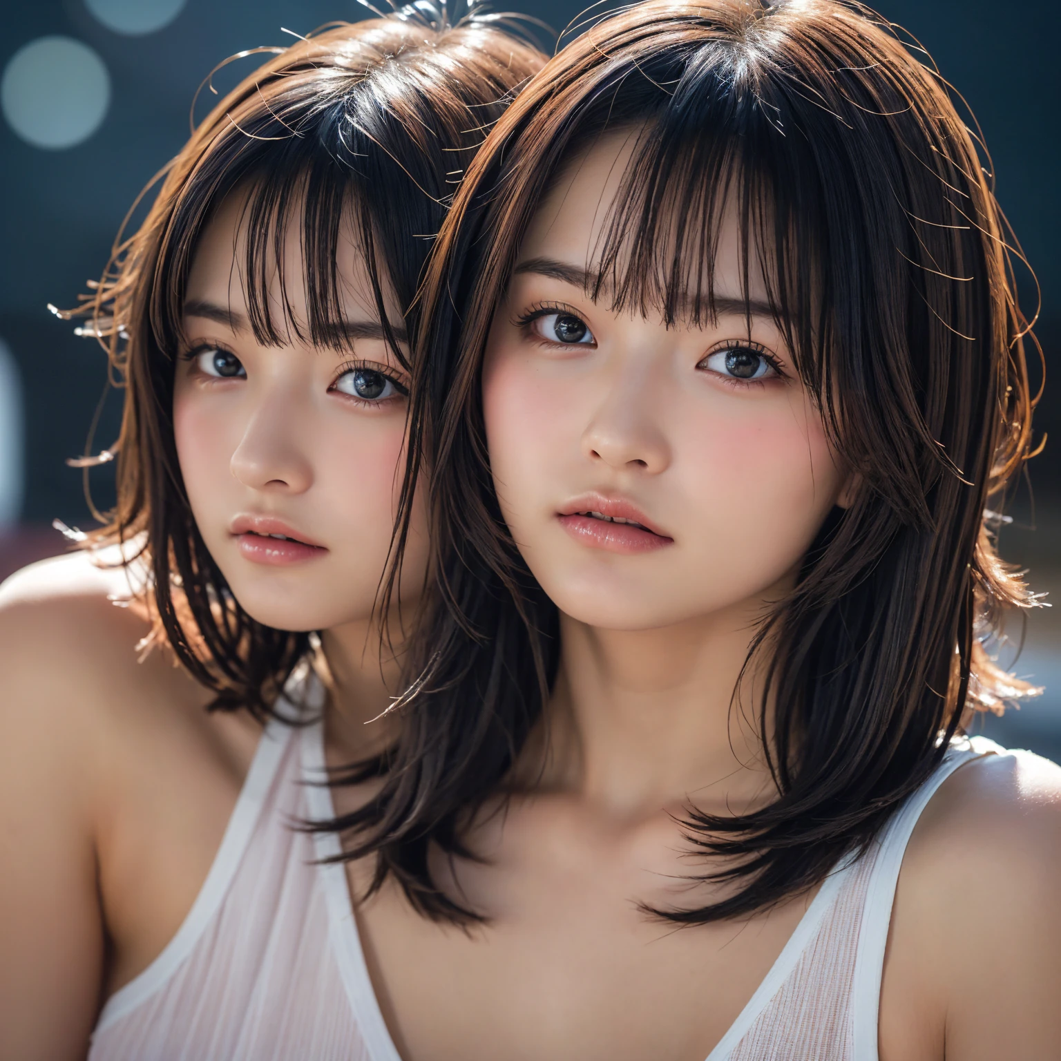 ((Upper Body:1.3)).Blown by the long wind [金hair:.3] hair,Looking at the audience, (Tabletop:1.3), (8k, Realistic, RAW Photos, Highest quality: 1.4), Japanese, (1 person), Beautiful Face, (Realistic face),{Wavy medium hair|Front hair long bob|short hair with long bangs}{Black hair|Brown hair|Blonde hair}, Beautiful hairstyle, Realistic eyes, Beautiful and beautiful eyes, (Realistic skin), Beautiful Skin, charm, Ultra-high resolution, Surreal, Very detailed, Golden Ratio,shame(blush:1.3),Upper Bodyは裸、Protruding nipples