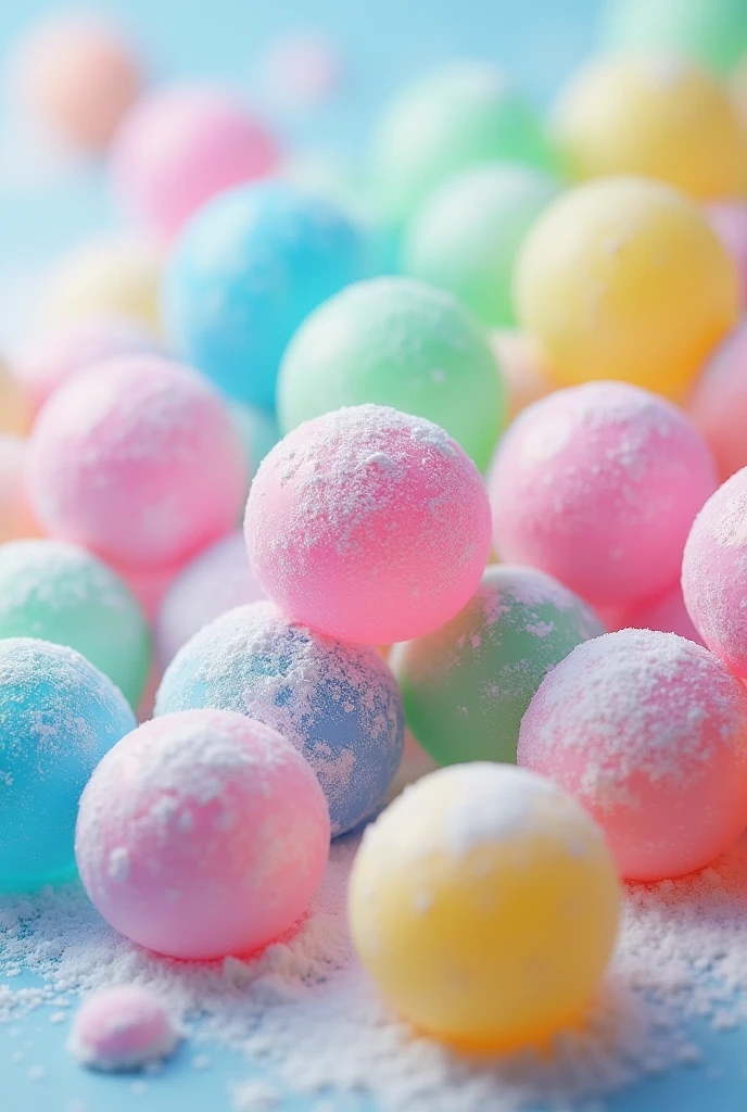 one milk balls with color blue, pink, green, yellow, HD, transparent background, with many white milk powder on the milk balls