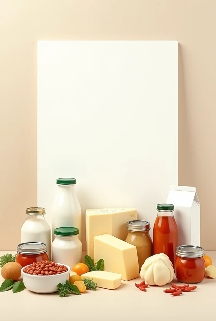 Background image with realistic different dairy products and canned   with more blank white space in middle
