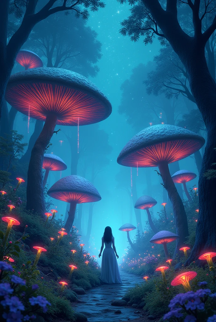 realistic, Viral anime nature wallpaper in 4K quality, in the style of digital illustration inspired by Yoshitaka Amano, showing a mystical forest with giant mushrooms, bioluminescent plants, and ethereal creatures wandering around; cool and mystical color temperature, cosmos lighting with stars twinkling in the sky, no human characters, the atmosphere is otherworldly and enchanting --v 5 --stylize 1000