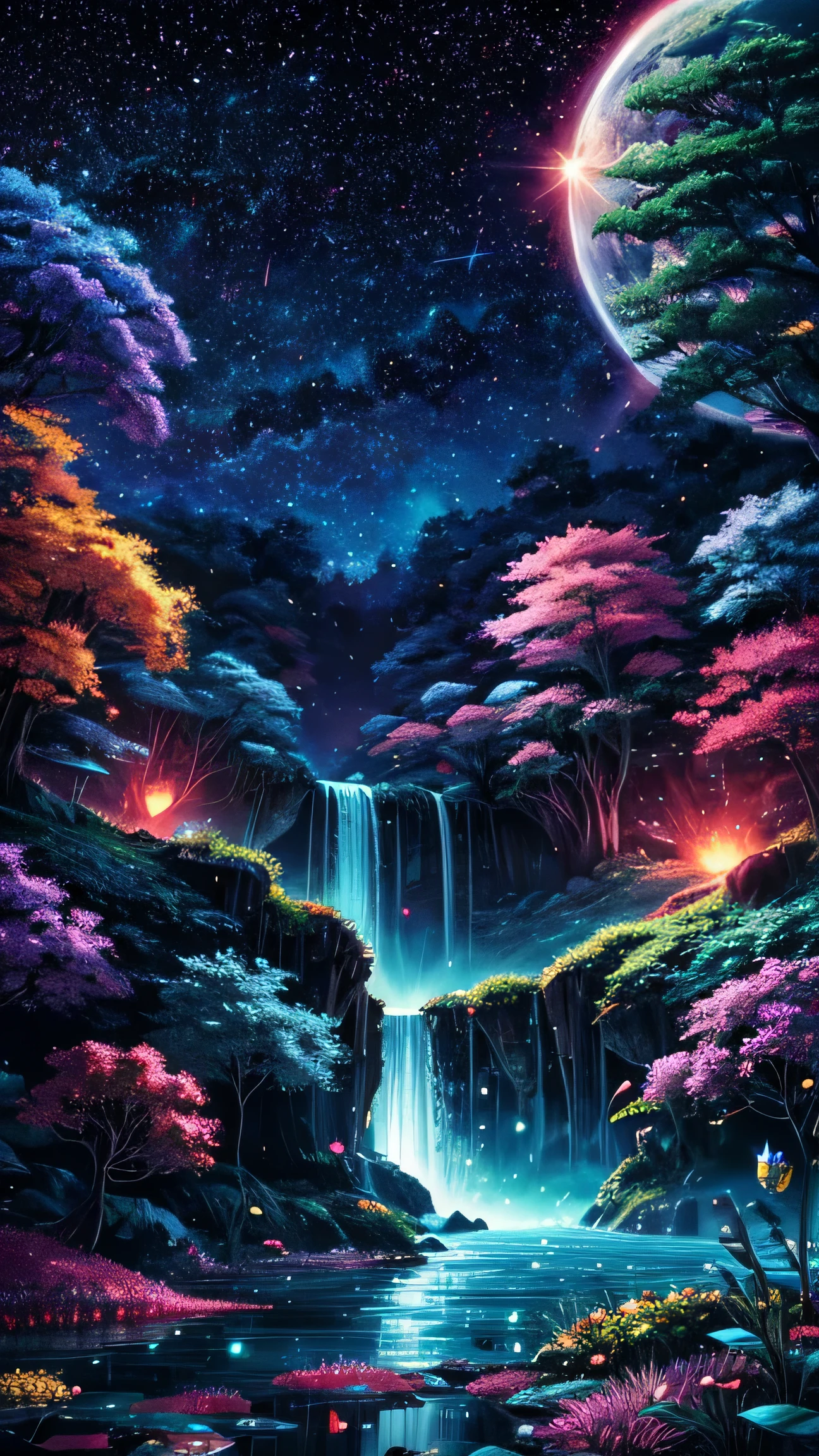 Viral anime nature wallpaper in 4K quality, in the style of digital illustration inspired by Satoshi Kon, depicting a dreamlike garden with floating islands, waterfalls cascading down, and glowing butterflies; surreal and vibrant color temperature, cosmos lighting with stars twinkling in the sky, no human characters, the atmosphere is surreal and mesmerizing --v 5 --stylize 1000