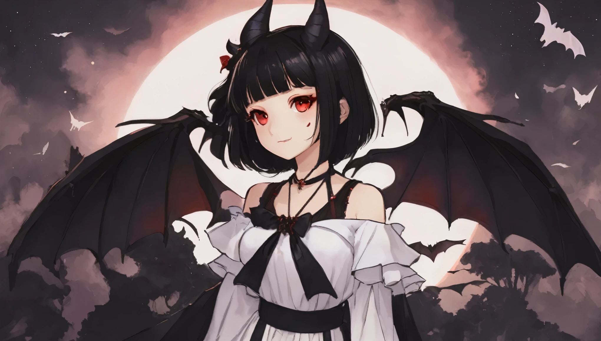 _XL_PStyles, 1girl, 
head on black sheep horns, bat_wings, demon tail, , small breasts, bob cut, blunt bangs, black hair, red eyes, black sclera, embarrassed nose blush smile, hime-sode, white dress_shirt, darkred short_dress gothic, black capelet, white bloomers, chain_choker,  cute anime face cinematic lighting cinematic angle