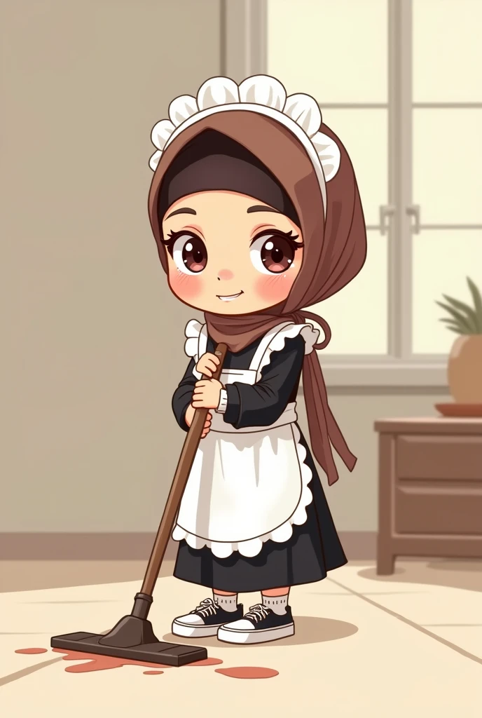 Cartoon with text:
(masterpiece, best quality, 4k, expressive eyes, perfect face, 2d style, flat style, hand drawn), Cute and adorable face, big detailed eyes,, Cute little cartoon girl, with brown hijab on, bangs, maid dress, black skirt, white apron, ((small white socks, ruffle socks)), air force sneakers, cleaning the floor