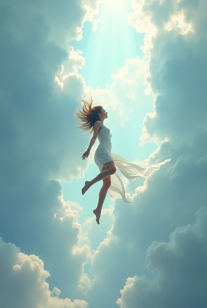 Woman falling from the sky in a falling position between the clouds 