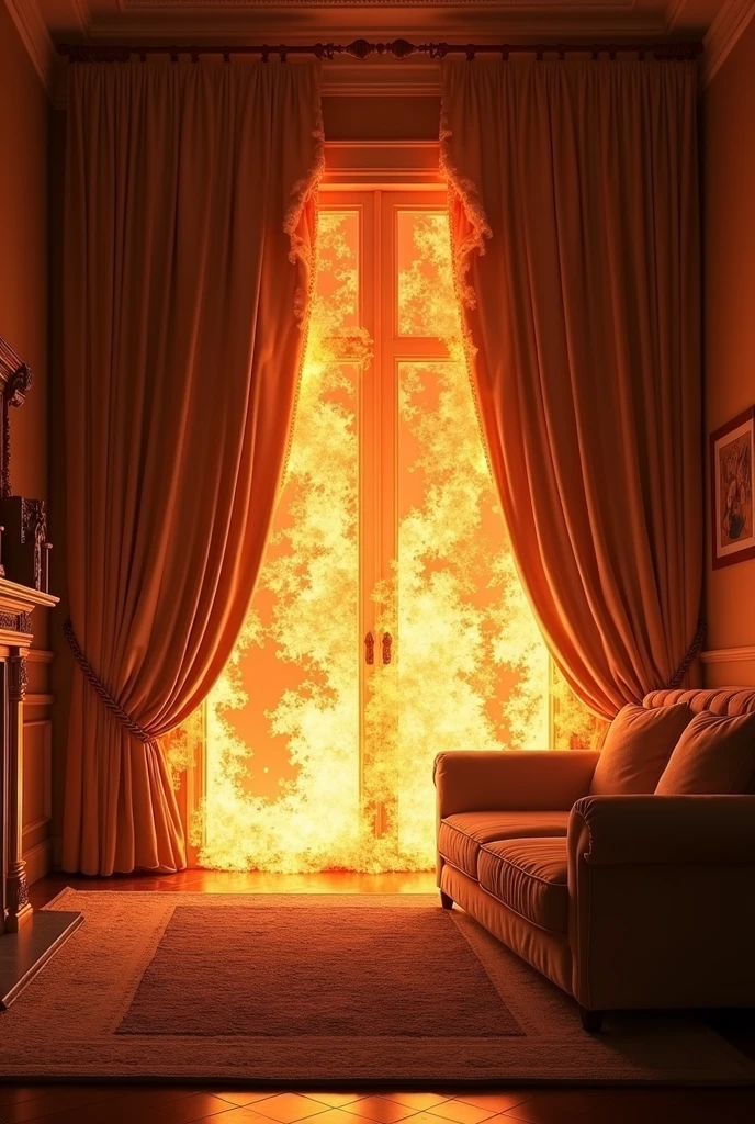 fire and burning curtains in a house in a fully furnished living room , ultra realistic, studio lighting