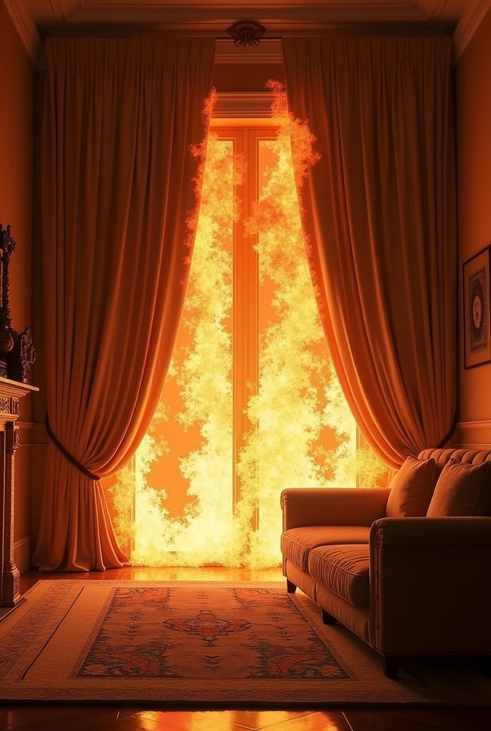 fire and burning curtains in a house in a fully furnished living room , ultra realistic, studio lighting