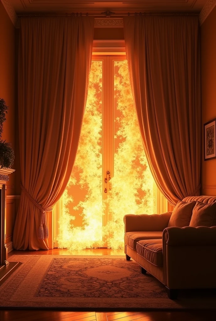 fire and burning curtains in a house in a fully furnished living room , ultra realistic, studio lighting