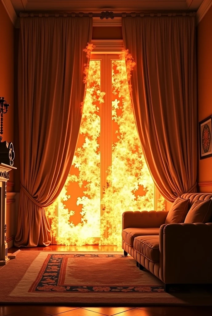 fire and burning curtains in a house in a fully furnished living room , ultra realistic, studio lighting