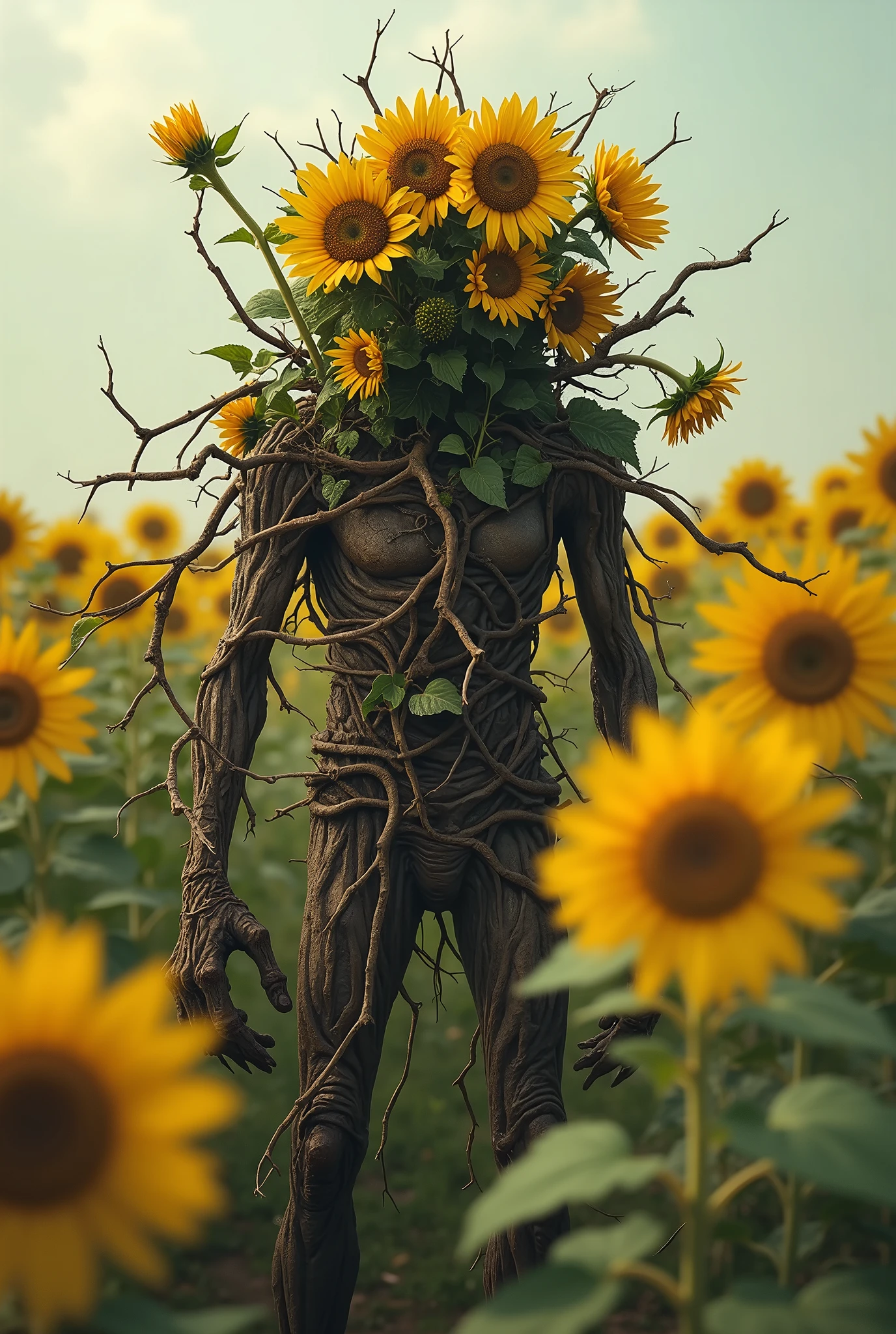 artistic inspiration of Peter Mohrbacher,
(Rotten sunflowers),painting,Concept and design elements,Tangled leaves and sunflowers form a humanoid plant,Dry vine arm,Withered leaves body,Vine Legs,Surrounded by sunflowers,Central Composition,Blurred foreground,Background blur,Depth of Field,confusion,chaos,Comic Style,The characters are more exaggerated,
