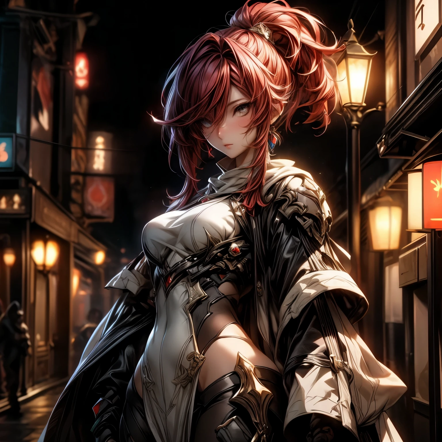 (best quality)), ((Masterpiece)), (details:1.4), 3d, HDR (high dynamic range), an image of a beautiful cyberpunk female, fantasy, medieval, Hips up, Red hair, High ponytail, beautiful white eyes, จมูกโด่ง, ปากแดง, หน้าอกใหญ่, nvidia RTX, PBR surface, After processing, Anisotropic filtration,depth of field, Maximum clarity and clarity, multi-layered surface, Subsurface scattering, perfect proportions, 8K raw files, ultra detailed, Perfect proportions, volumetric lighting, soft lighting, Holy Paladin, Heavy Armor, glossy skin, Castle background, jewely, ต่างหู, นิ้วมือสมบูรณ์,