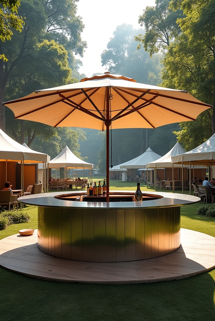 Round、The bar is made of stainless steel、Mirror effect，The bar diameter is 5 meters，There should be a parasol in the middle of the bar、The diameter of the parasol should be larger than the bar counter.，Background of a camping scene、Reality，Display different angles