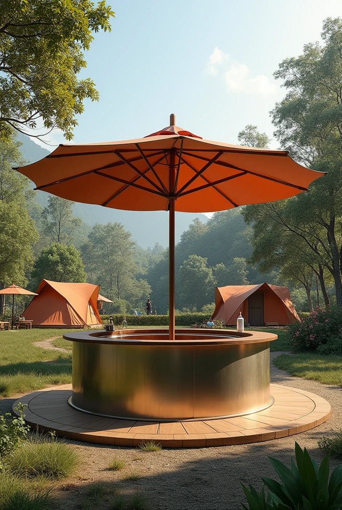Round、The bar is made of stainless steel、Mirror effect,The bar diameter is 5 meters,There should be a parasol in the middle of the bar、The diameter of the parasol should be larger than the bar counter.,Background of a camping scene、Reality,Display different angles