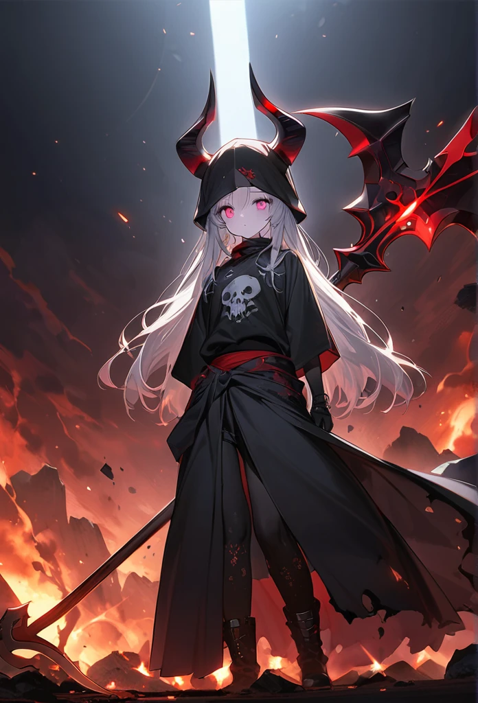 elf, silver hair,long hair, medium cut, ahoge, curly hair,scarlet eyes,slender,fair skin, Mediovale, , fear, solo, scared, sad, lonely, smart, with tears in eyes, with crazy eyes, Tattered clothes, fire effect, chain, dark fantasy, dark atmosphere, Traumacore, Collar with chain, bracelet on a chain, Crimson fire effect, Mournful Scene, Sad Scene, Scene of Sorrow, Moment of Despair, chain rod,