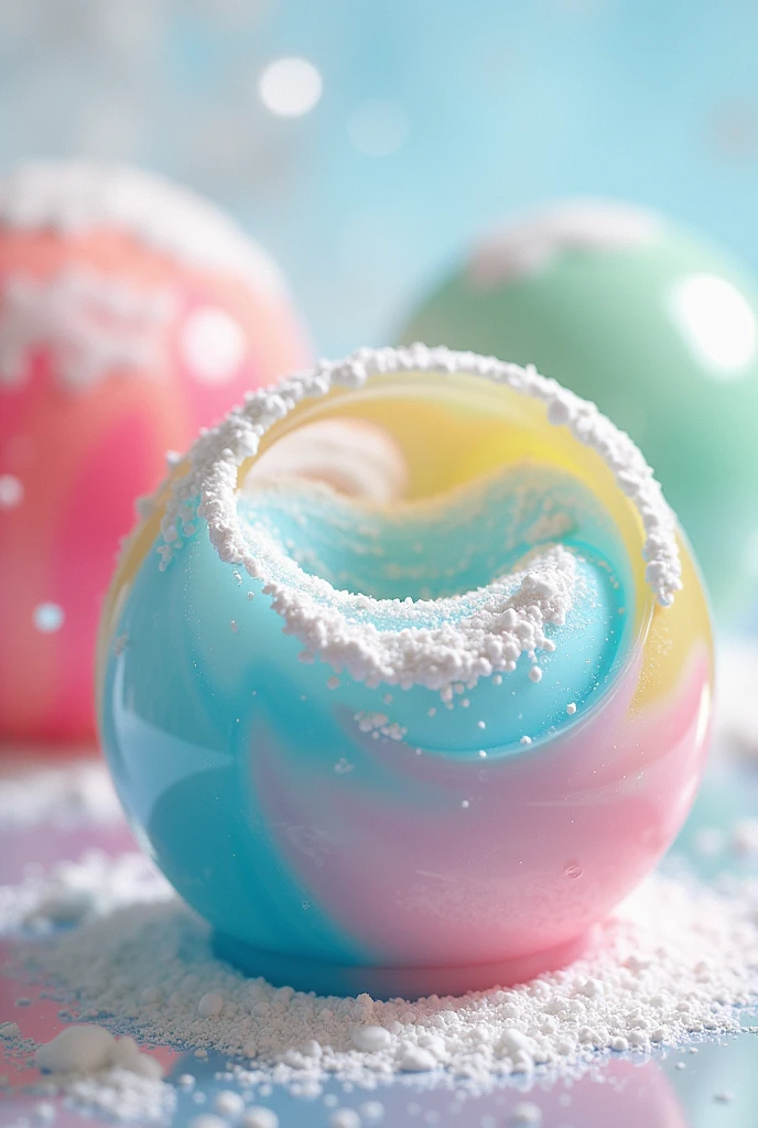 one milk balls with color blue, pink, green, yellow, HD, transparent background, with many white milk powder on the milk balls 