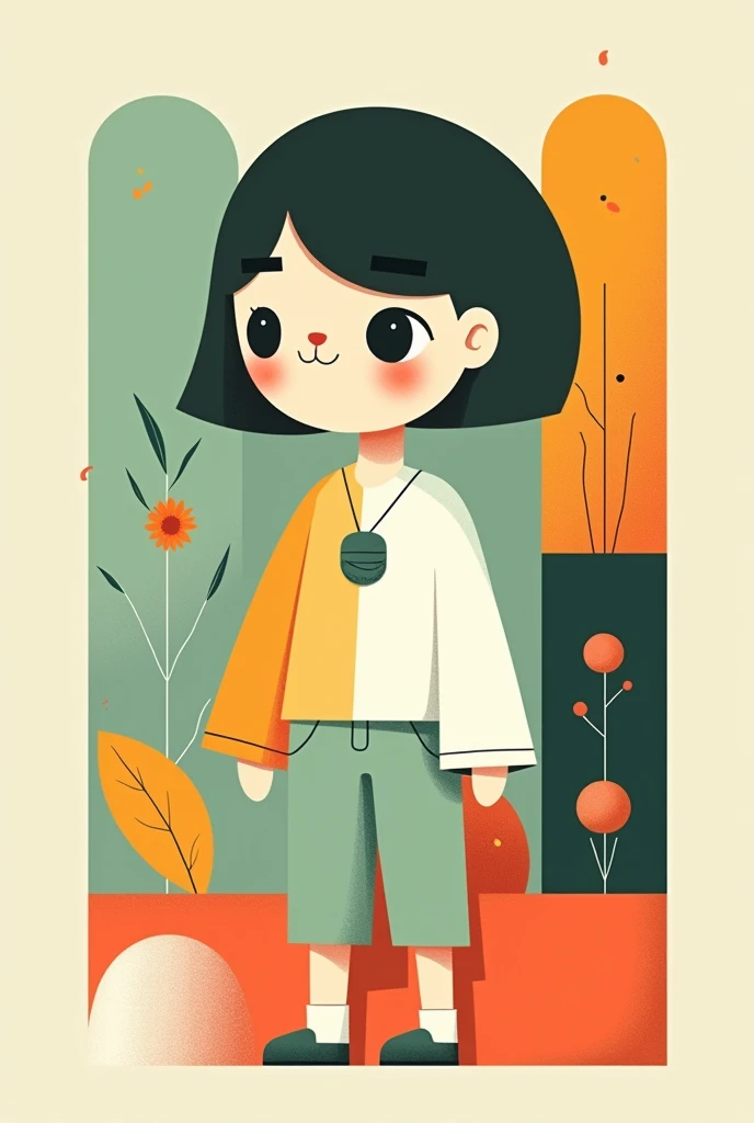 Victor Nai&#39;s style, beautiful details，simple，modern，advanced，cute，Color blocking，flowers，Orange，light green，grid，line，illustration，vigor，pixar